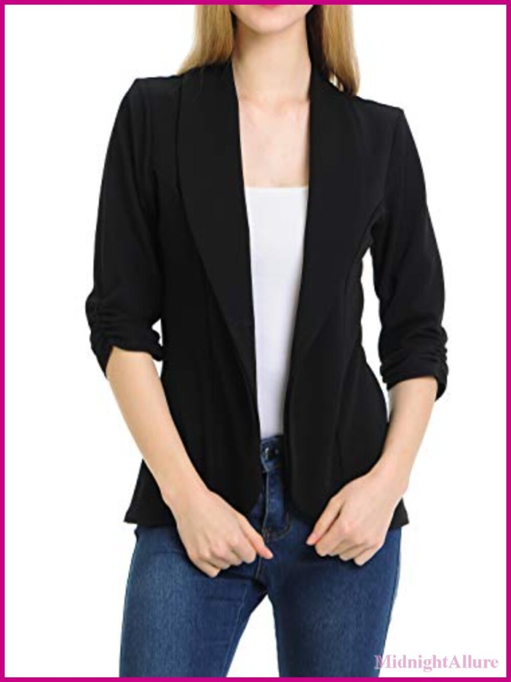 Women's 3/4 Ruched Sleeve Lightweight Work Office Blazer Jacket